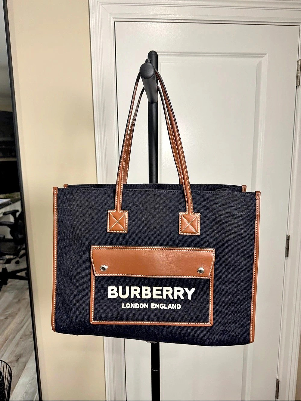 Medium Two-Tone Canvas and Leather Pocket Bag Black & Brown